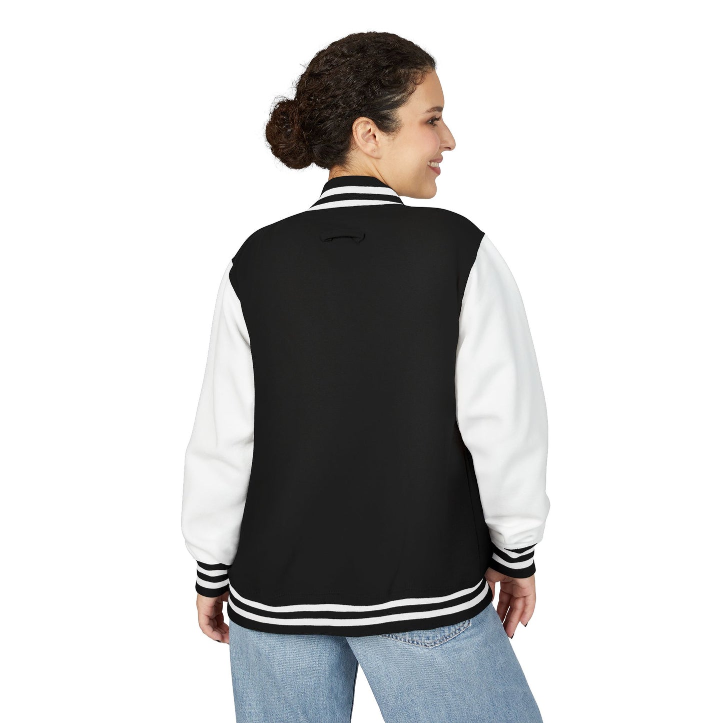 Black & White Letterman Jacket with Minimal Crest — Retro Varsity Bomber
