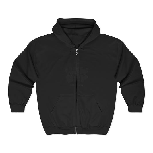 Black Full-Zip Hoodie with Subtle Crown Graphic – Minimalist Streetwear Zip-Up