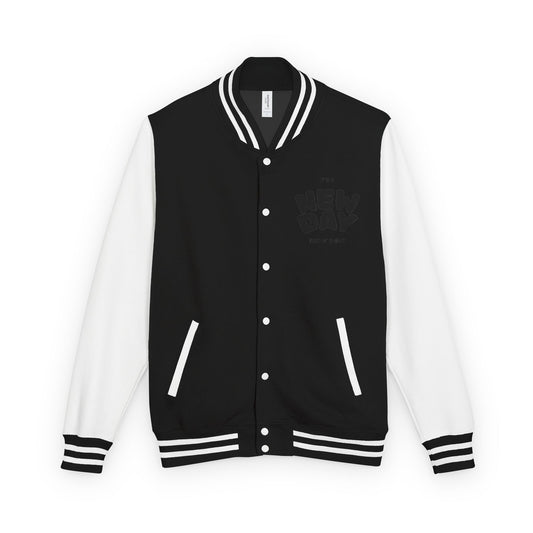 Black & White Letterman Jacket with Minimal Crest — Retro Varsity Bomber