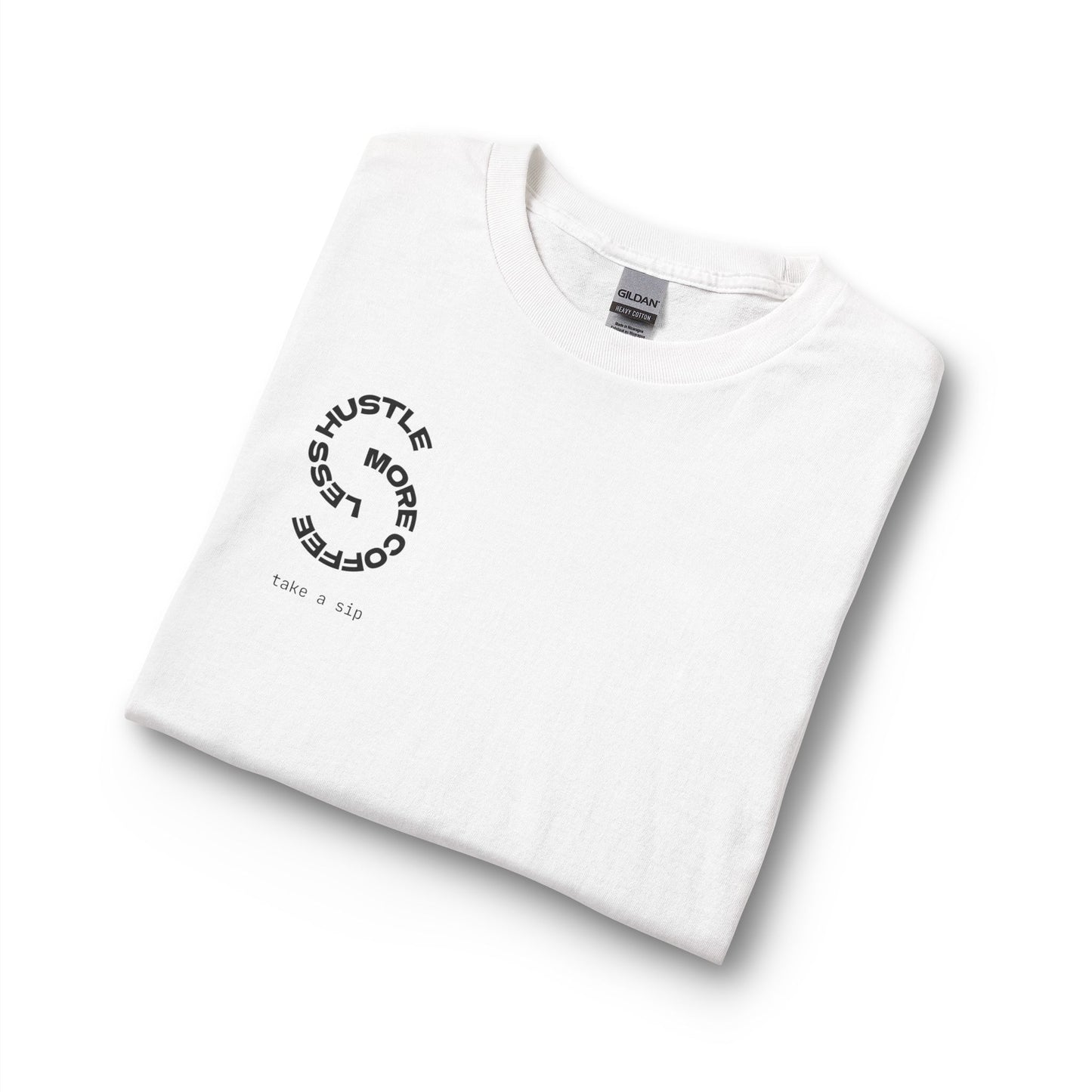 Hustle More, Coffee Less Long Sleeve Tee — “take a sip” Minimal Graphic