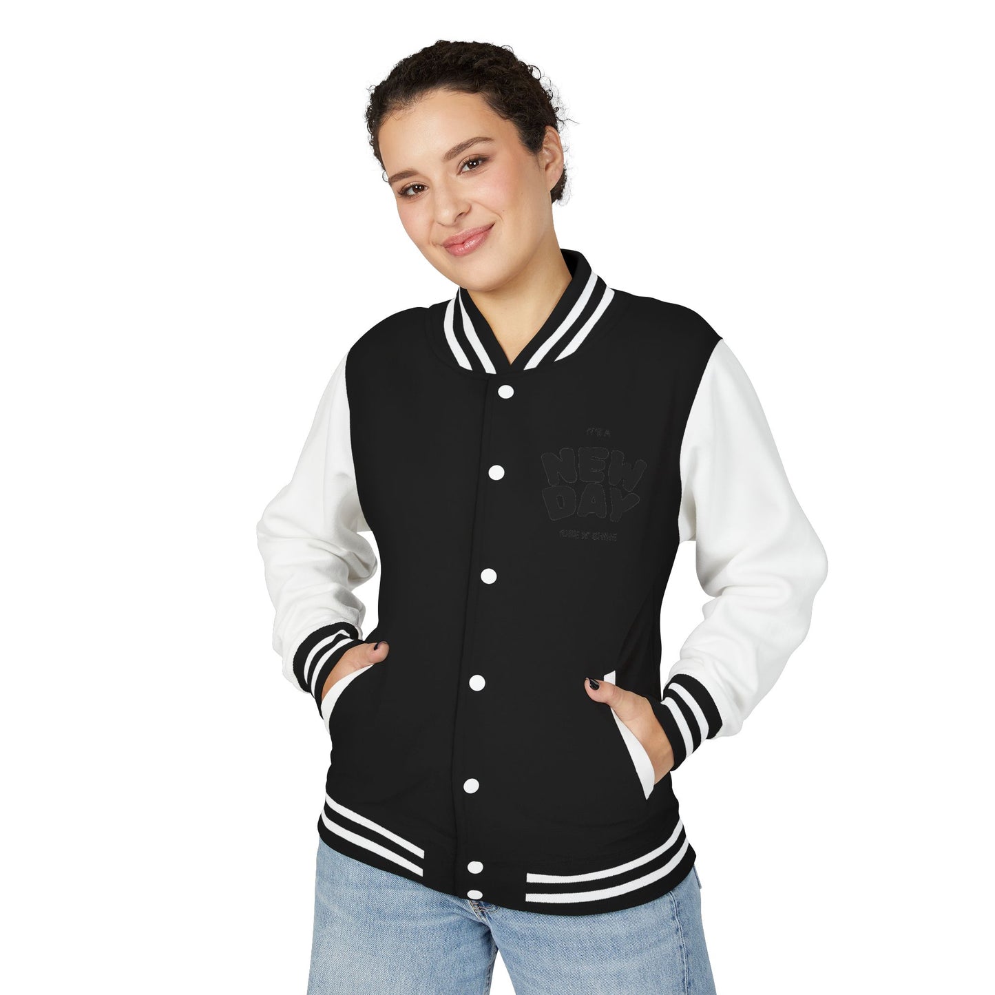 Black & White Letterman Jacket with Minimal Crest — Retro Varsity Bomber